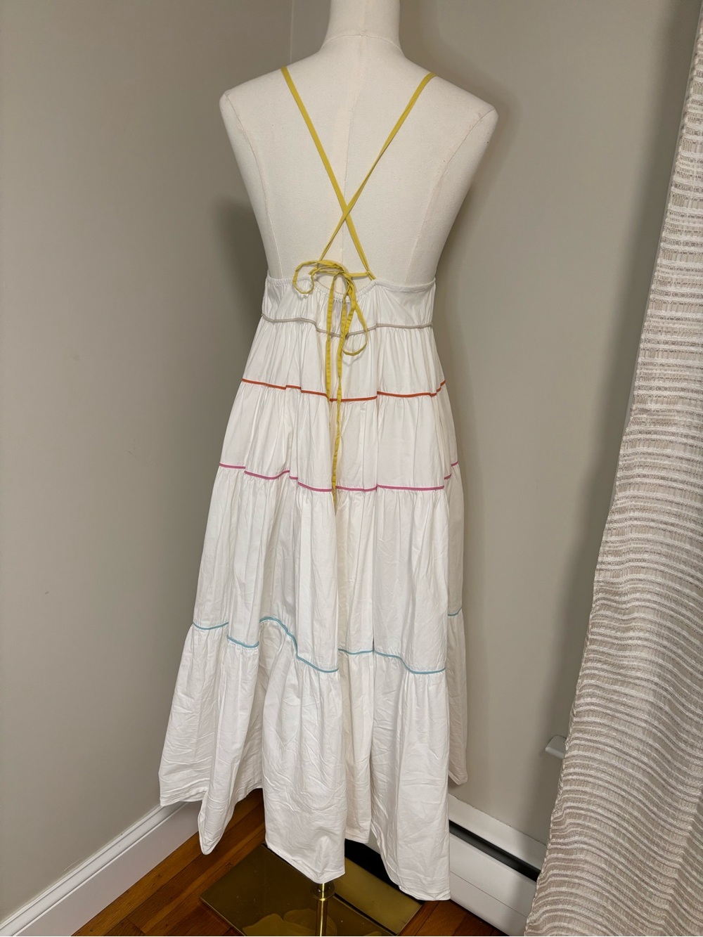 STAUD White Tiered Midi Dress Multicolor Trim Yellow Straps Size Medium - Picture 3 of 6
